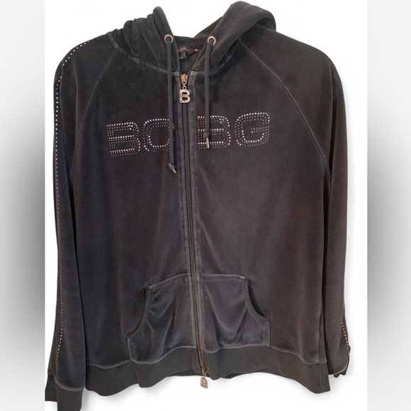 Y2K BCBG XL Black velour zip up hoodie with rhinestone logo. - Picture 1 of 8